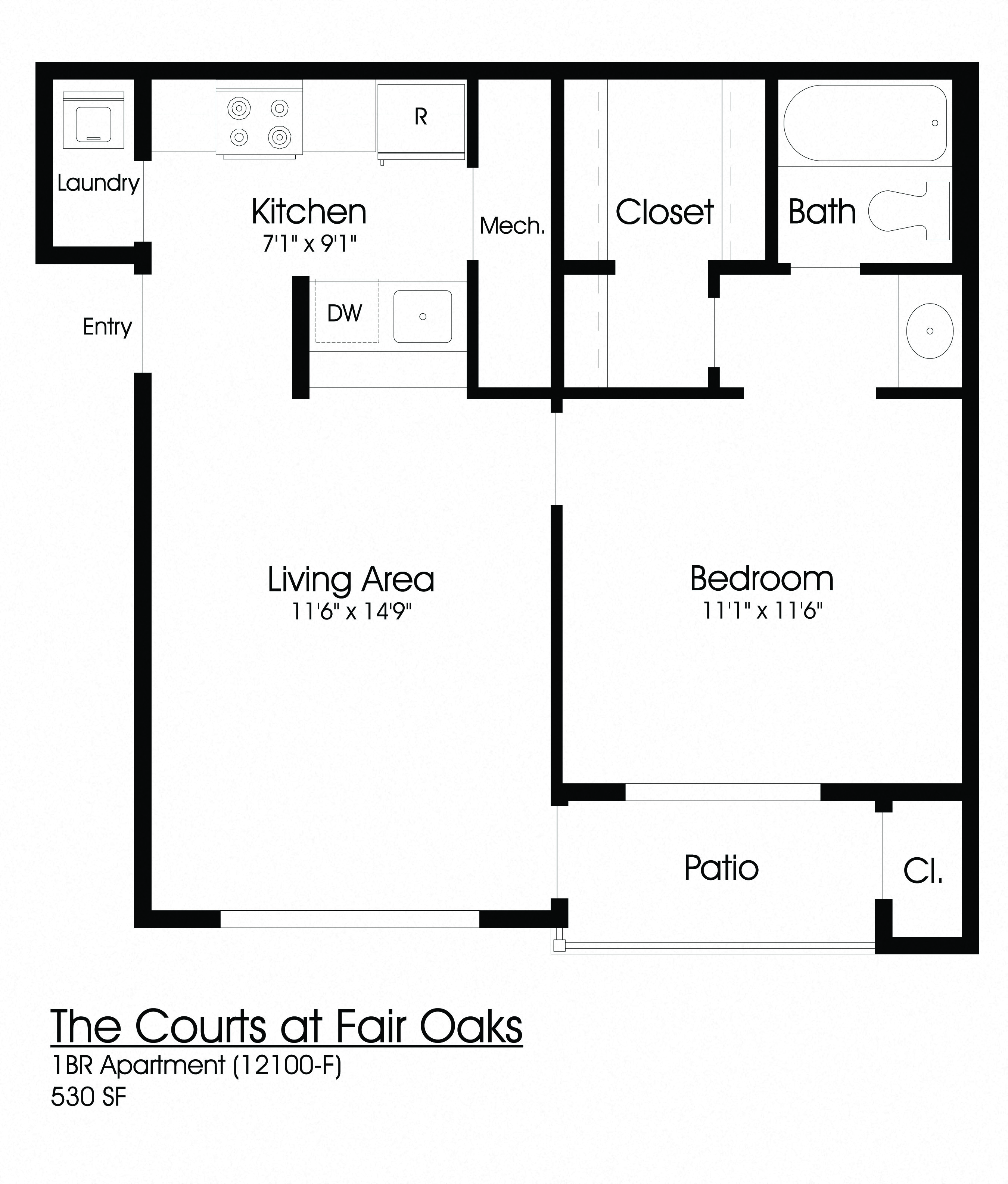 Floor plan for 1 bed, 1 bath, 550 sqft